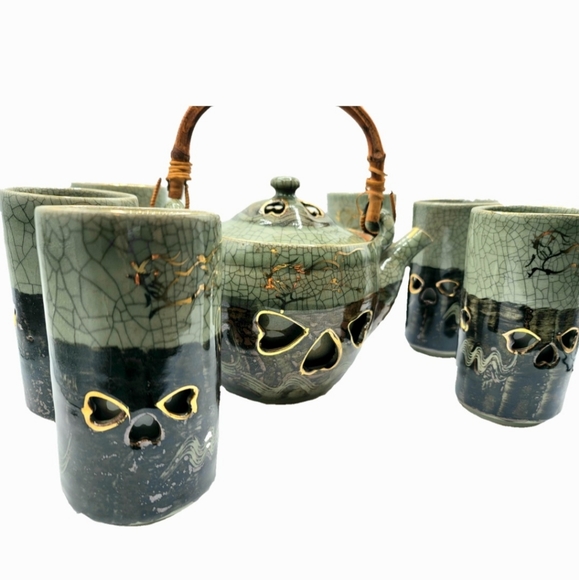 Somayaki Obori Japanese Teapot and Tumblers - Picture 2 of 8